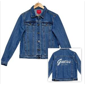 Guess Denim Jacket Sz S Medium Wash Embroidered Logo Y2K Rigid Button Front